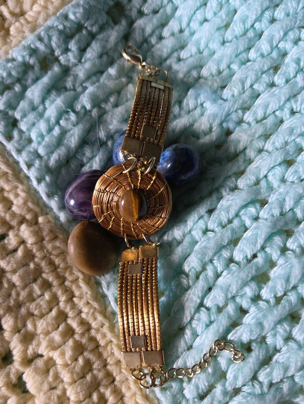 Vintage Handcrafted Golden Grass Bracelet With A Center Tiger's Eye Stone.